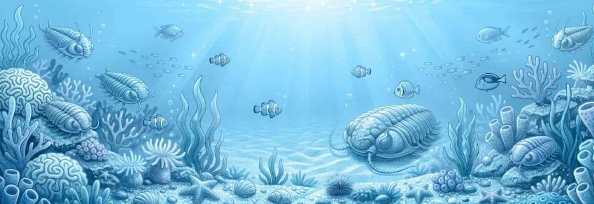 An ancient ocean scene with trilobites, corals and fish in soft blue water